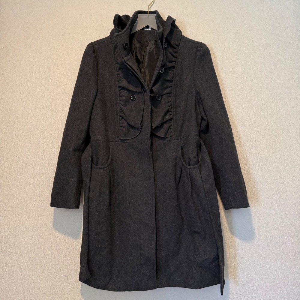 Who's Henri? Womens Charcoal Grey Ruffle Front Belted Wool Blend Coat 12